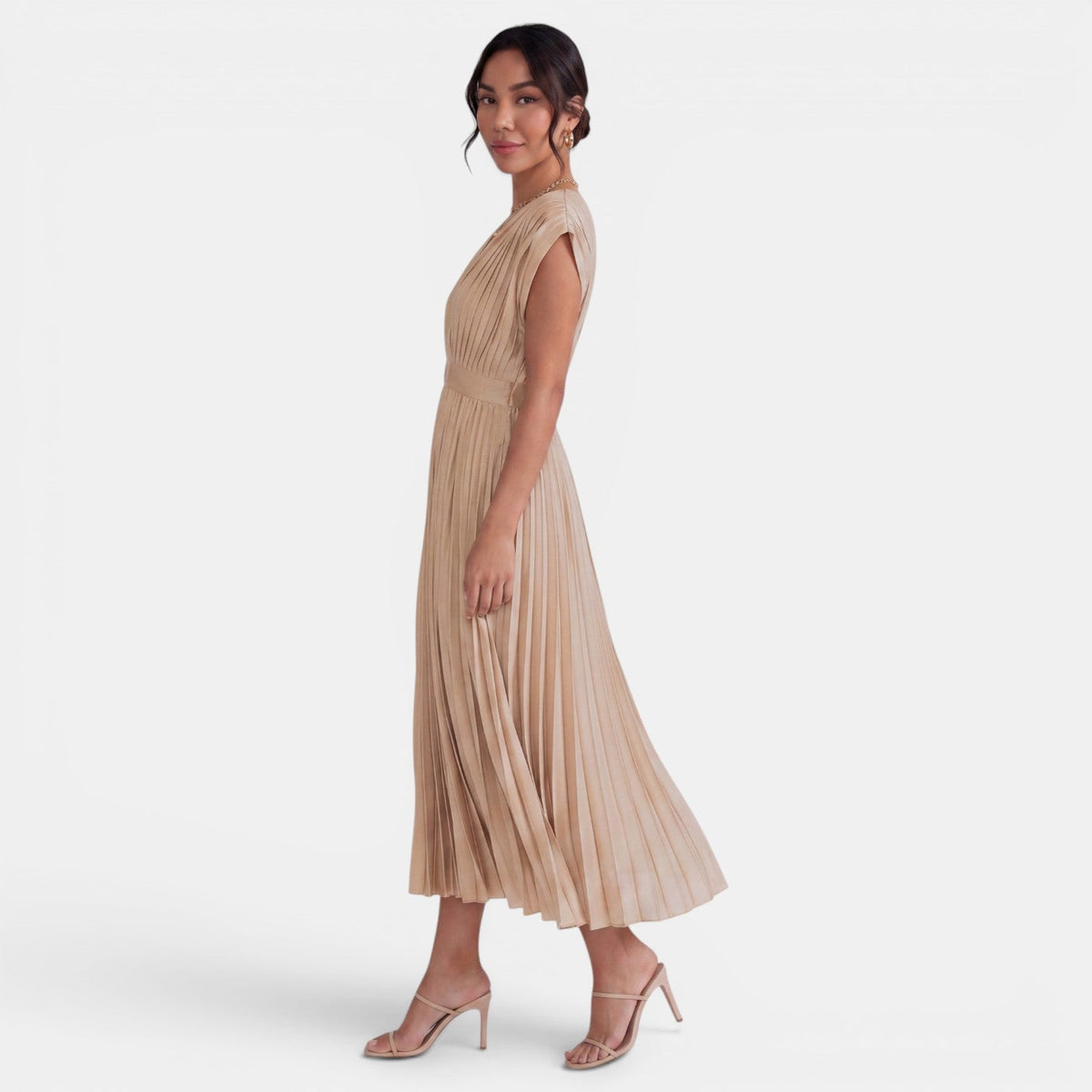 Women's Pleated V-Neck Midi Dress