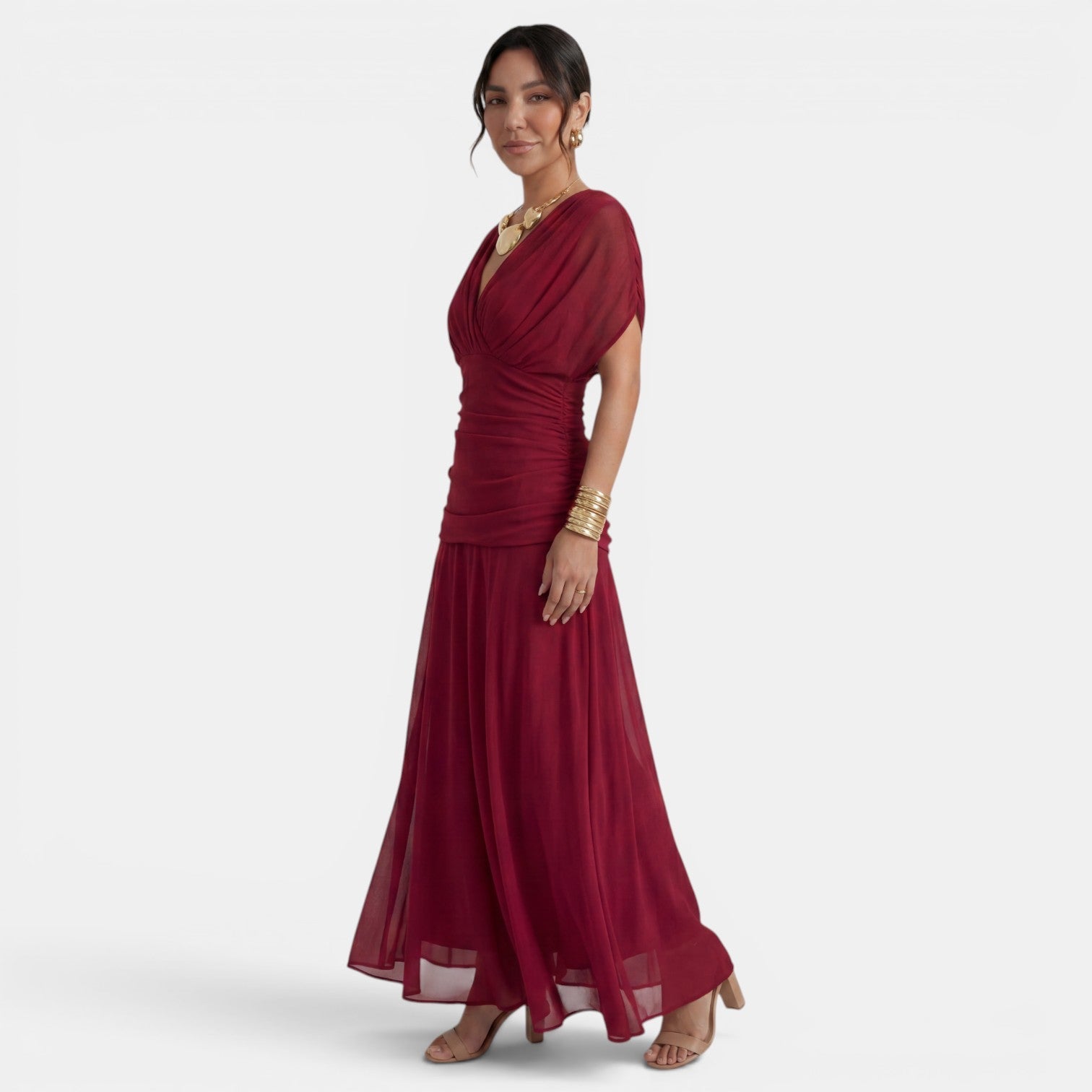 Women's V-Neck Printed Chiffon Maxi Dress