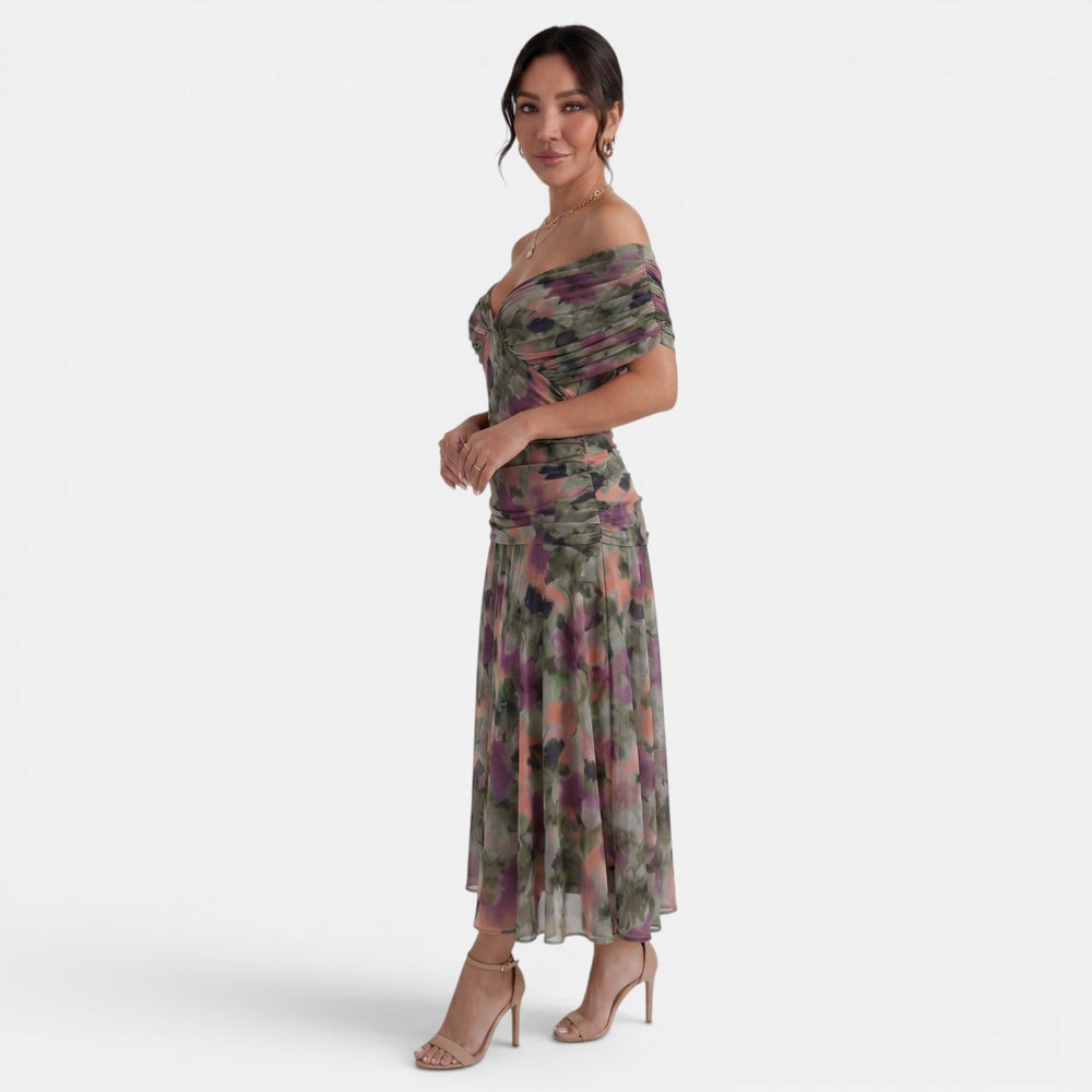 Women's V-Neck Printed Chiffon Maxi Dress