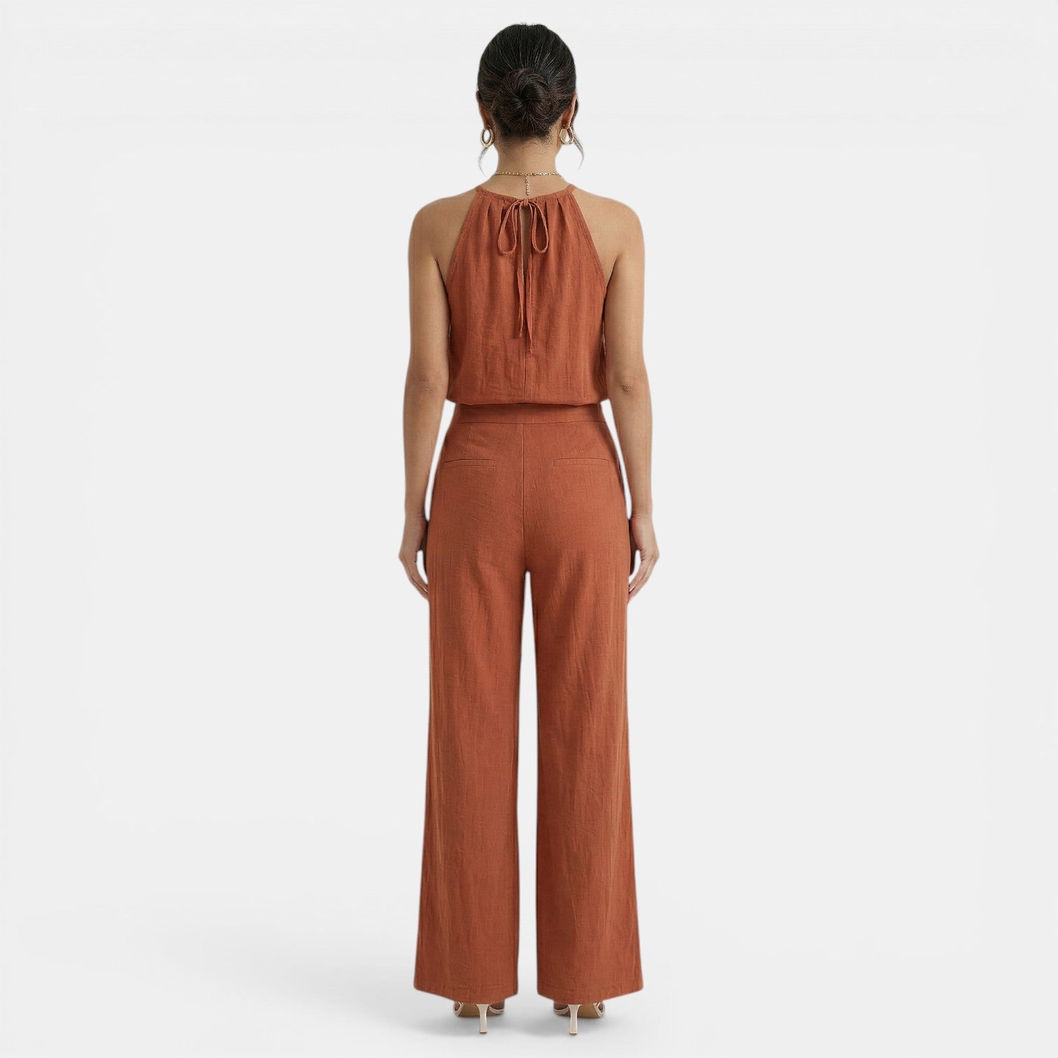 Women's Linen Cutout Halter Top and Wide-Leg Pants Set