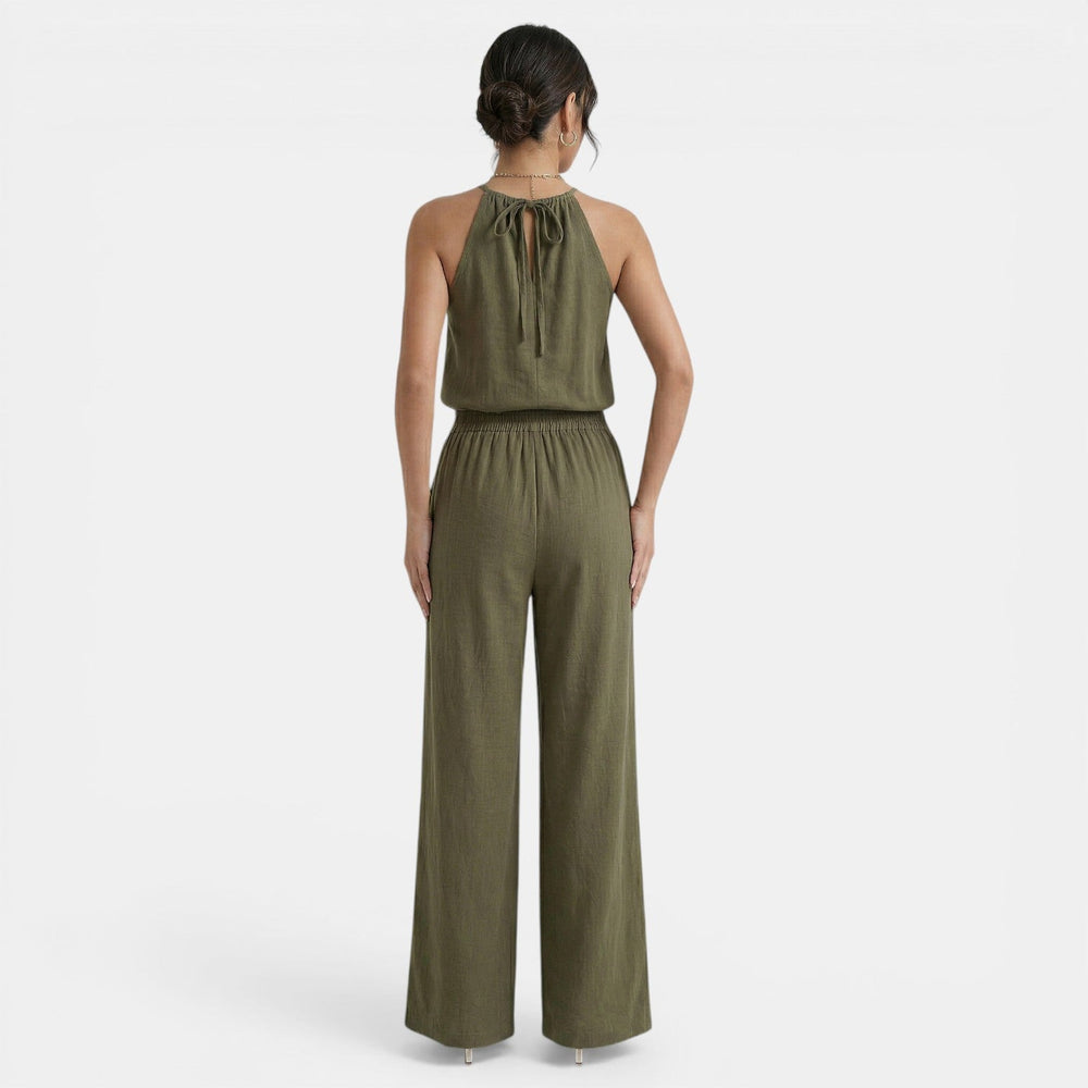 Women's Linen Cutout Halter Top and Wide-Leg Pants Set