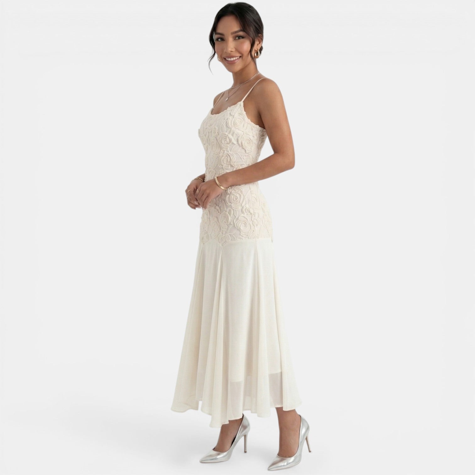 Women's Embroidered Beige Midi Dress