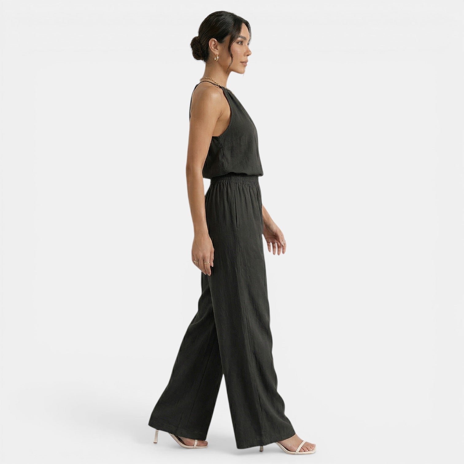 Women's Linen Cutout Halter Top and Wide-Leg Pants Set