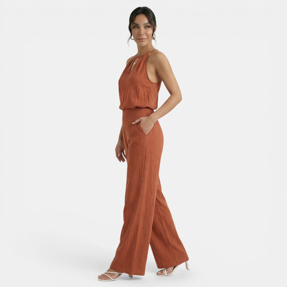 Women's Linen Cutout Halter Top and Wide-Leg Pants Set