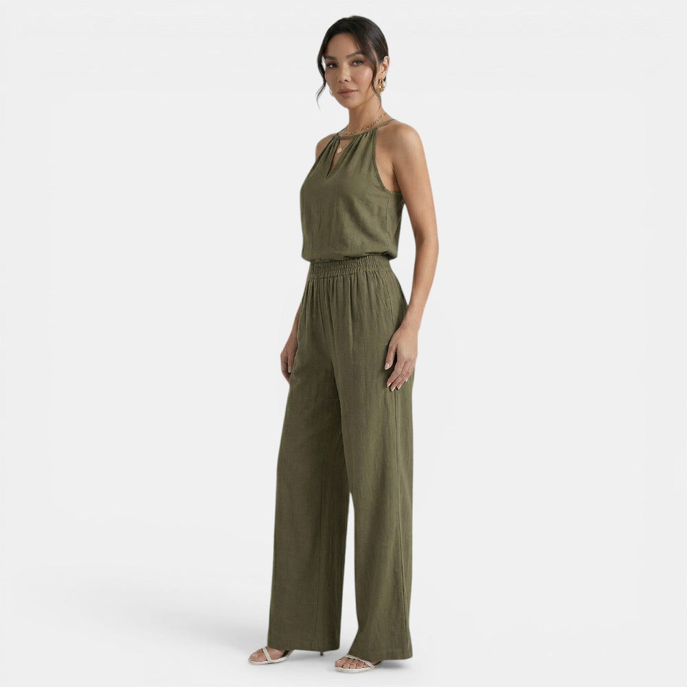 Women's Linen Cutout Halter Top and Wide-Leg Pants Set