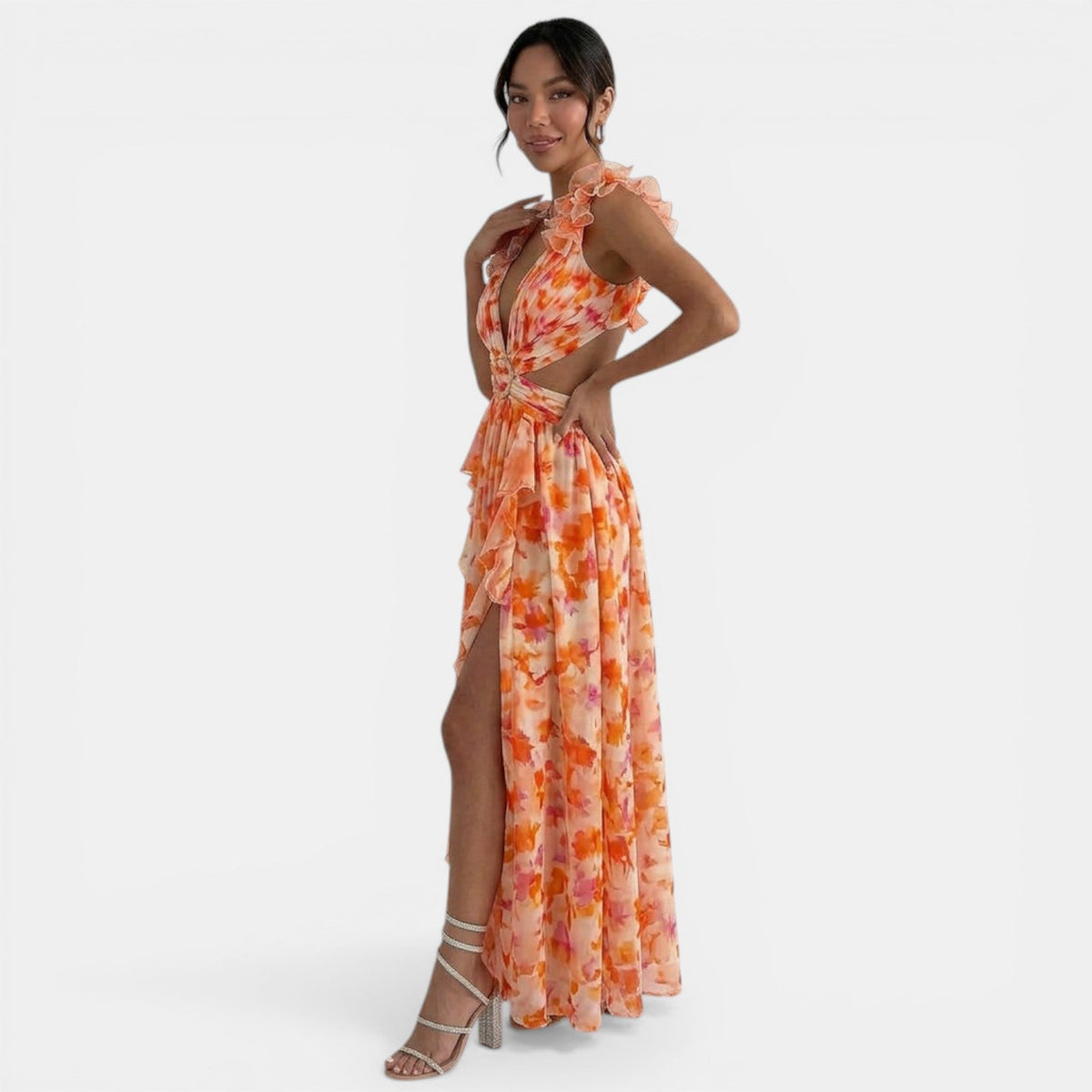 Floral Maxi Ruffle V-Neck Dress