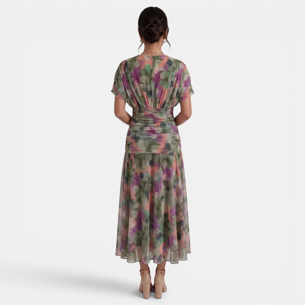 Women's V-Neck Printed Chiffon Maxi Dress