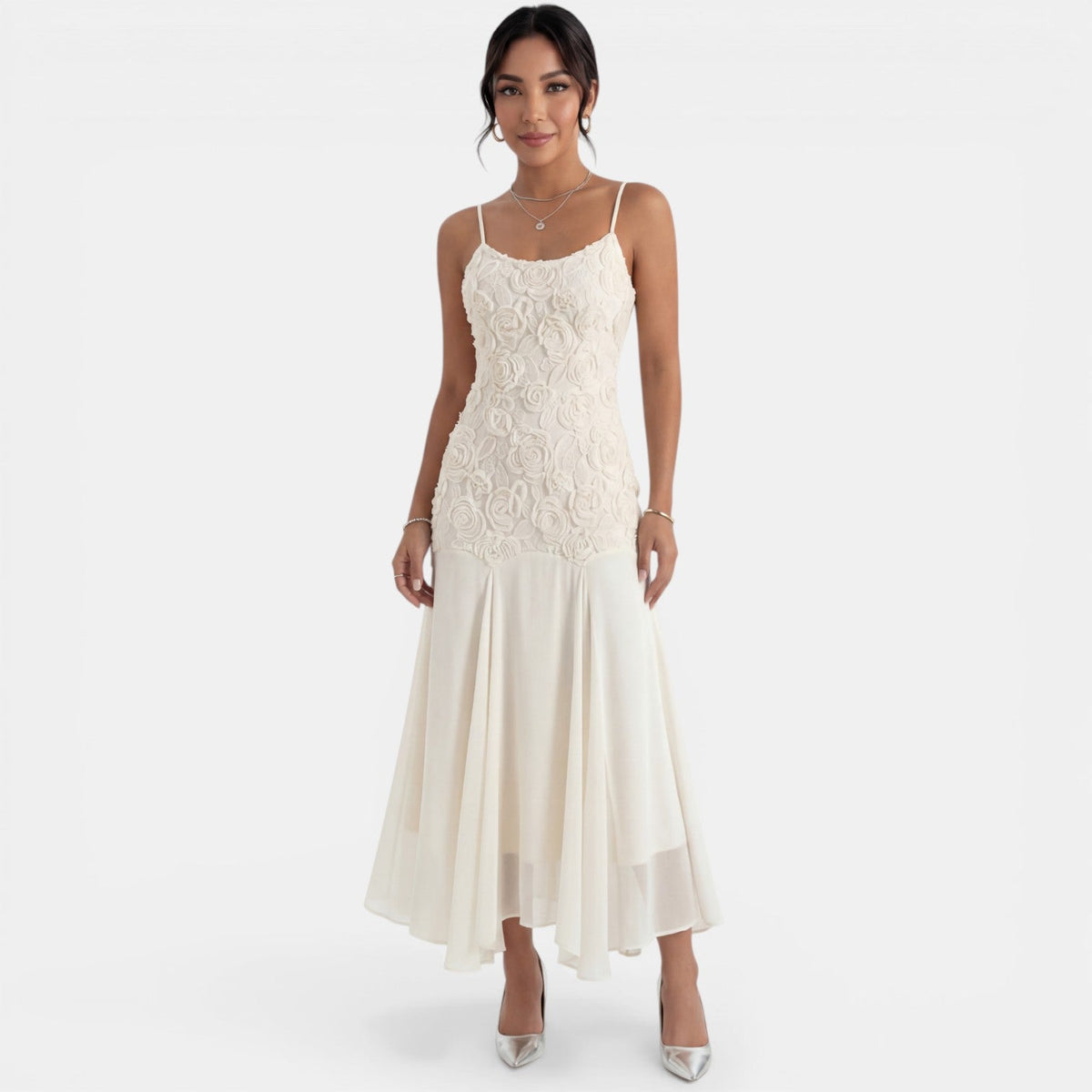 Women's Embroidered Beige Midi Dress