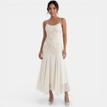 Women's Embroidered Beige Midi Dress