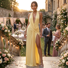 Women's Yellow Halter Guest Dress