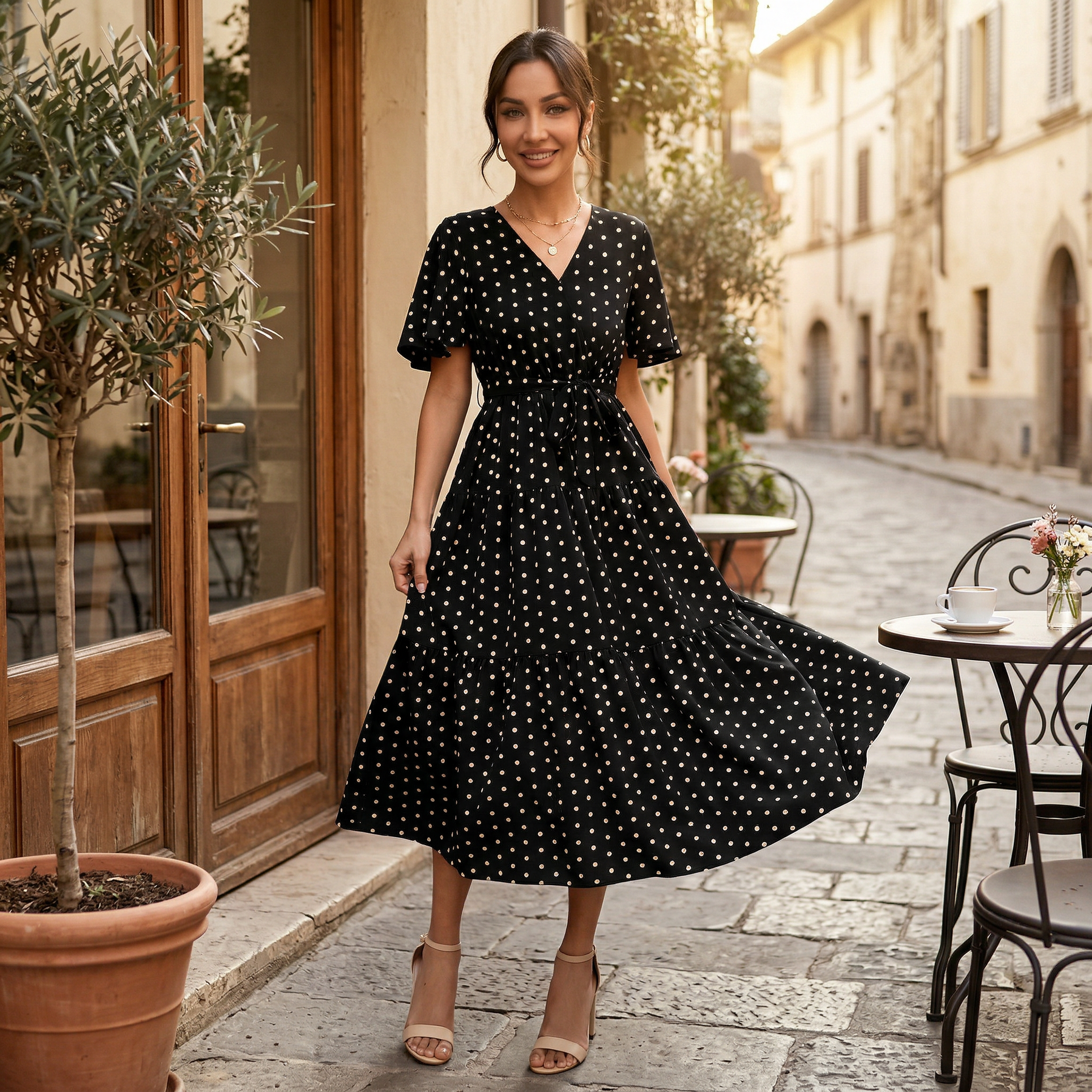 Women's V-Neck Polka Dot Midi Dress