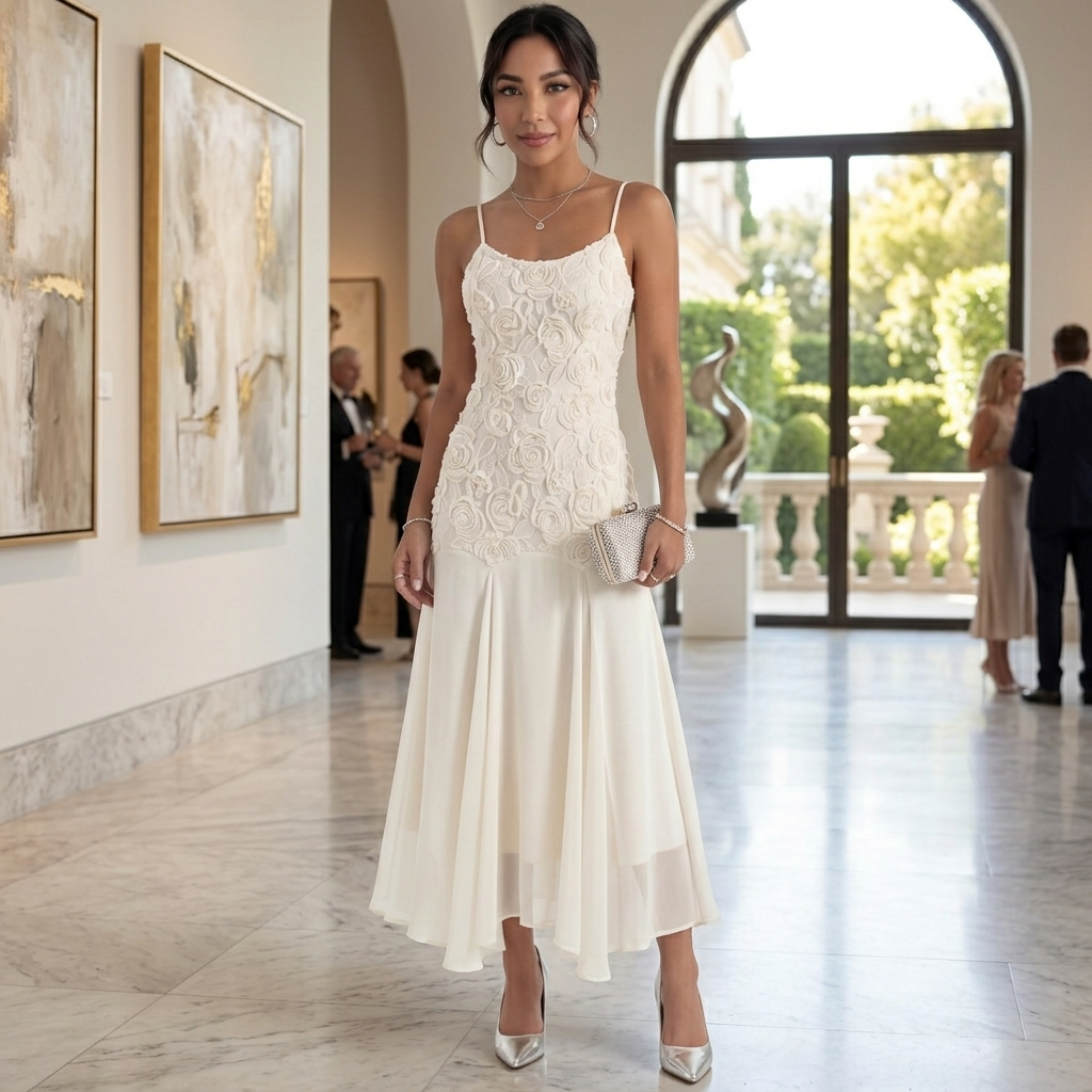 Women's Embroidered Beige Midi Dress