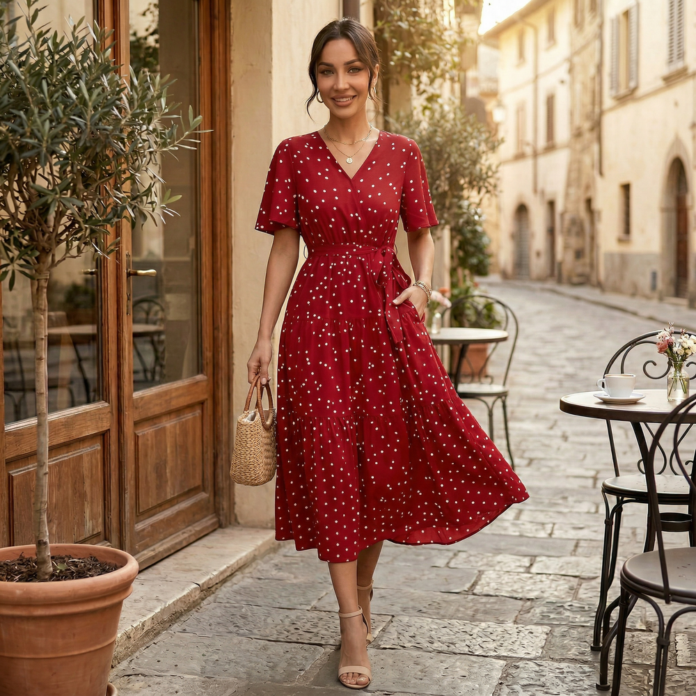 Women's V-Neck Polka Dot Midi Dress