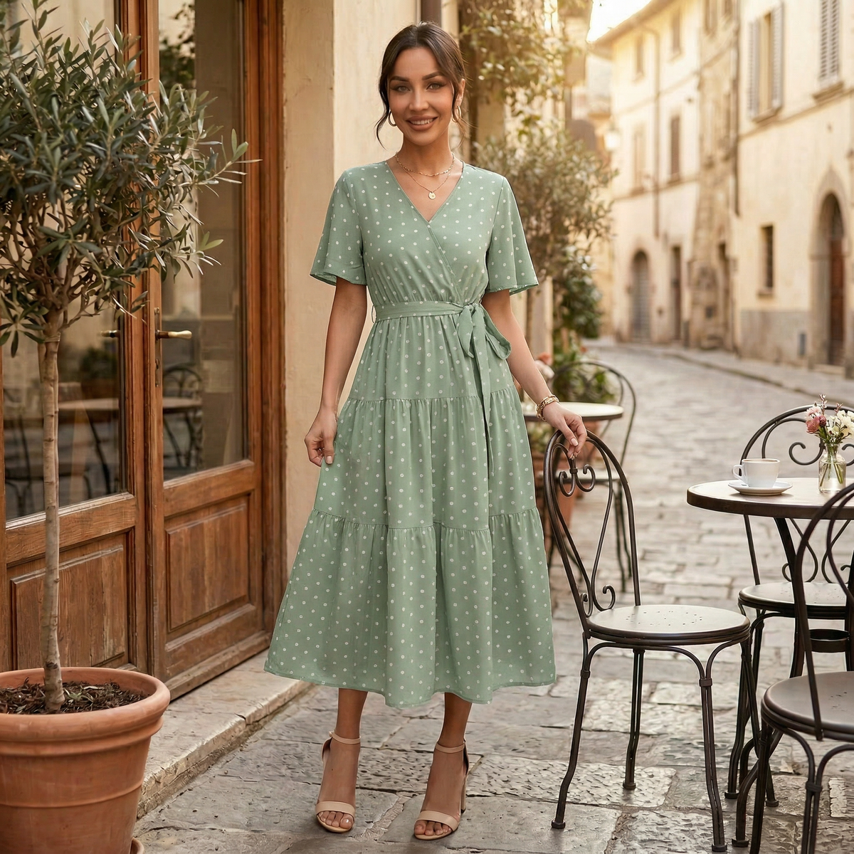Women's V-Neck Polka Dot Midi Dress