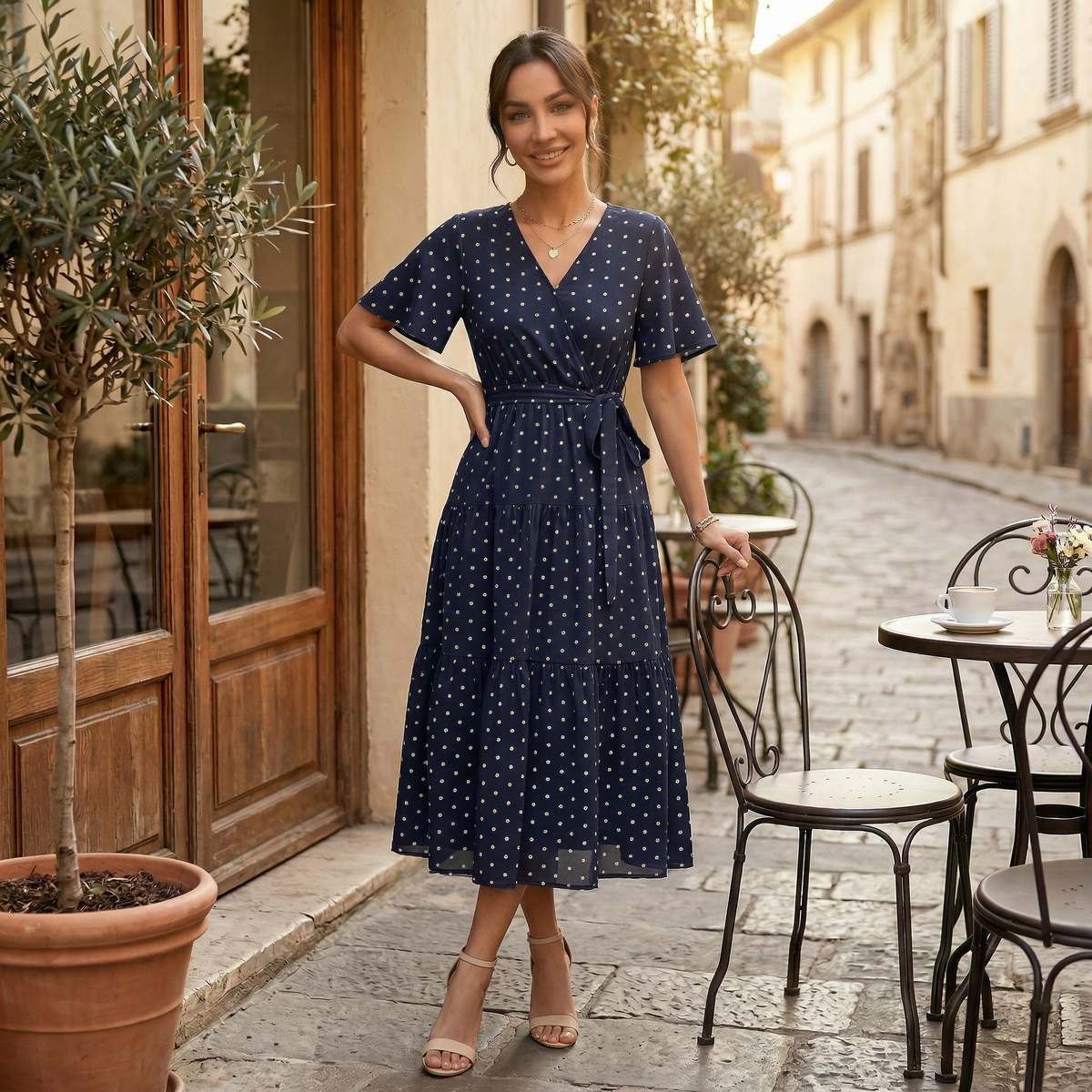 Women's V-Neck Polka Dot Midi Dress