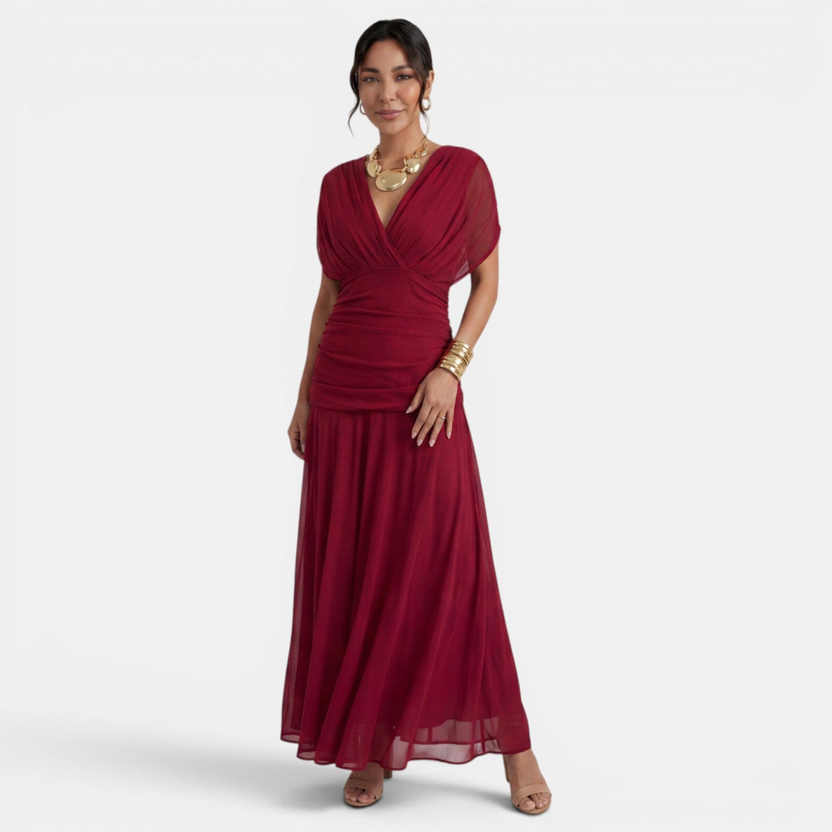 Women's V-Neck Printed Chiffon Maxi Dress