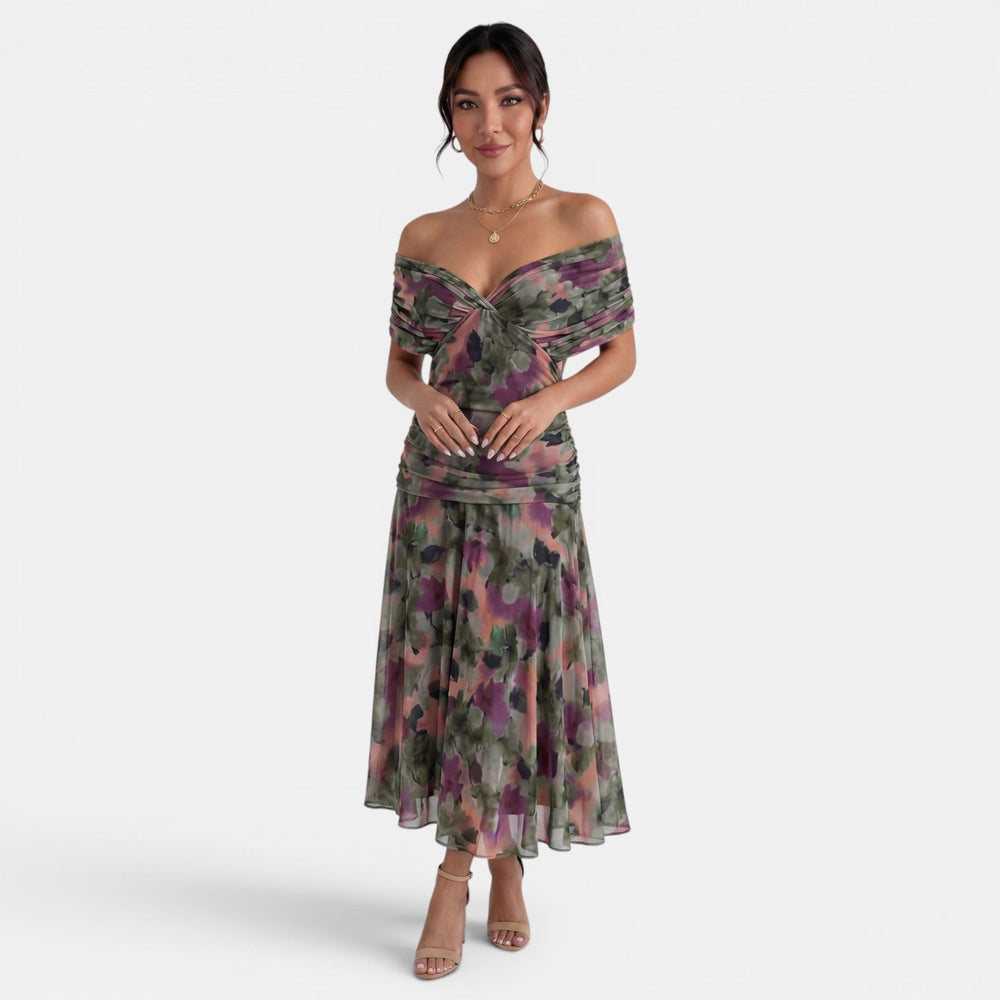 Women's V-Neck Printed Chiffon Maxi Dress