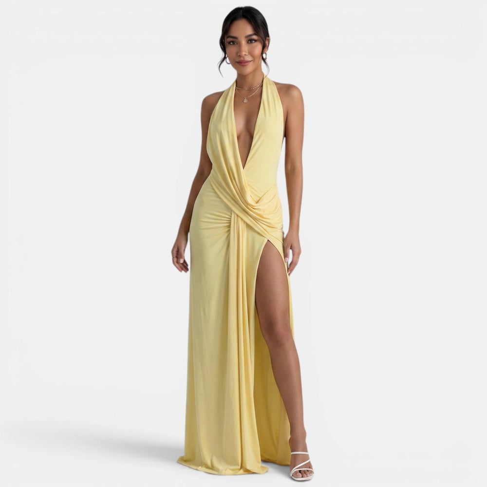 Women's Yellow Halter Guest Dress
