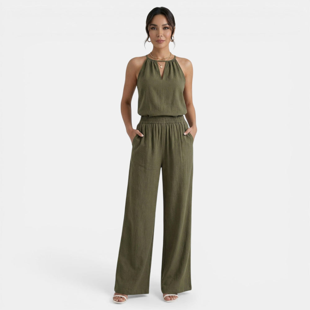 Women's Linen Cutout Halter Top and Wide-Leg Pants Set