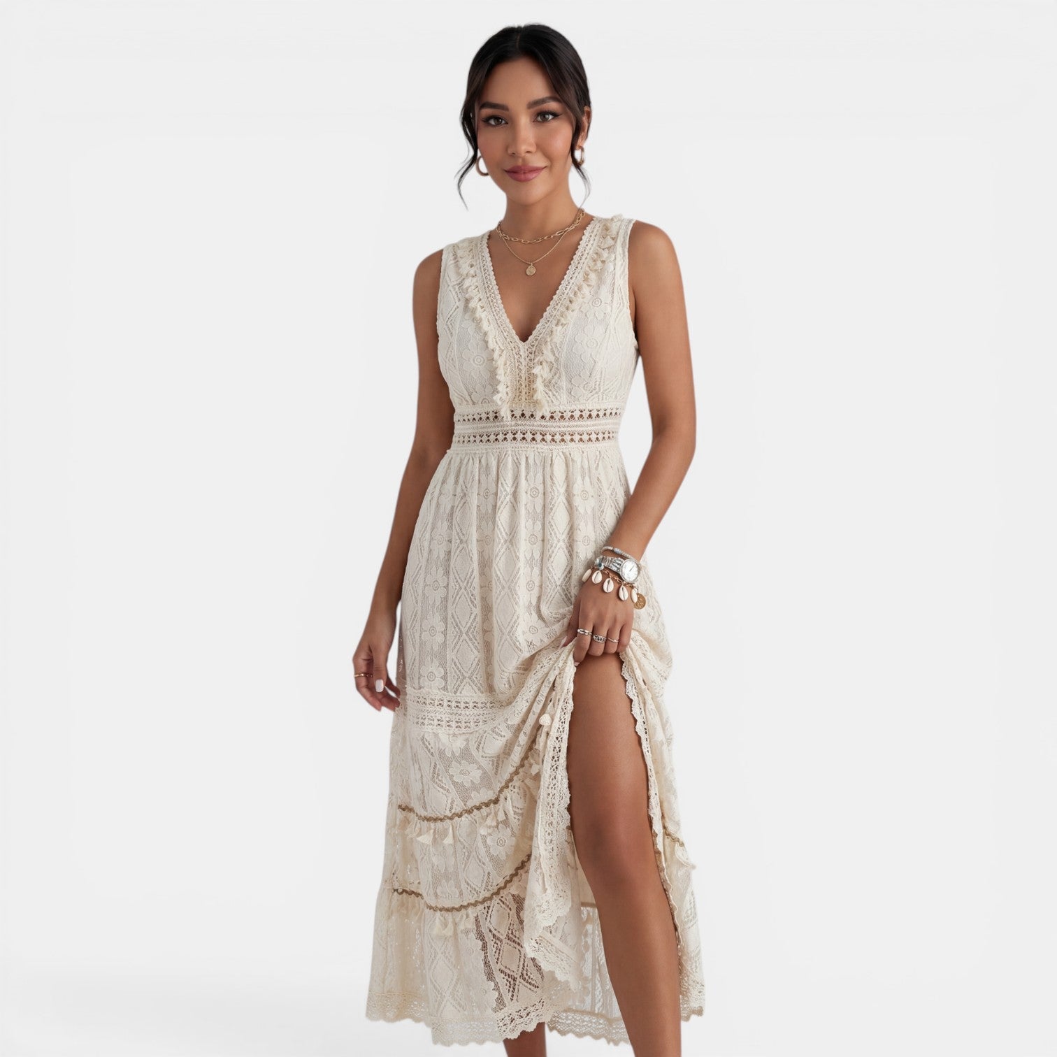 Women's Boho Lace V-Neck Maxi Dress