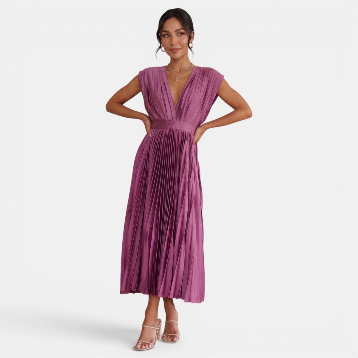 Women's Pleated V-Neck Midi Dress