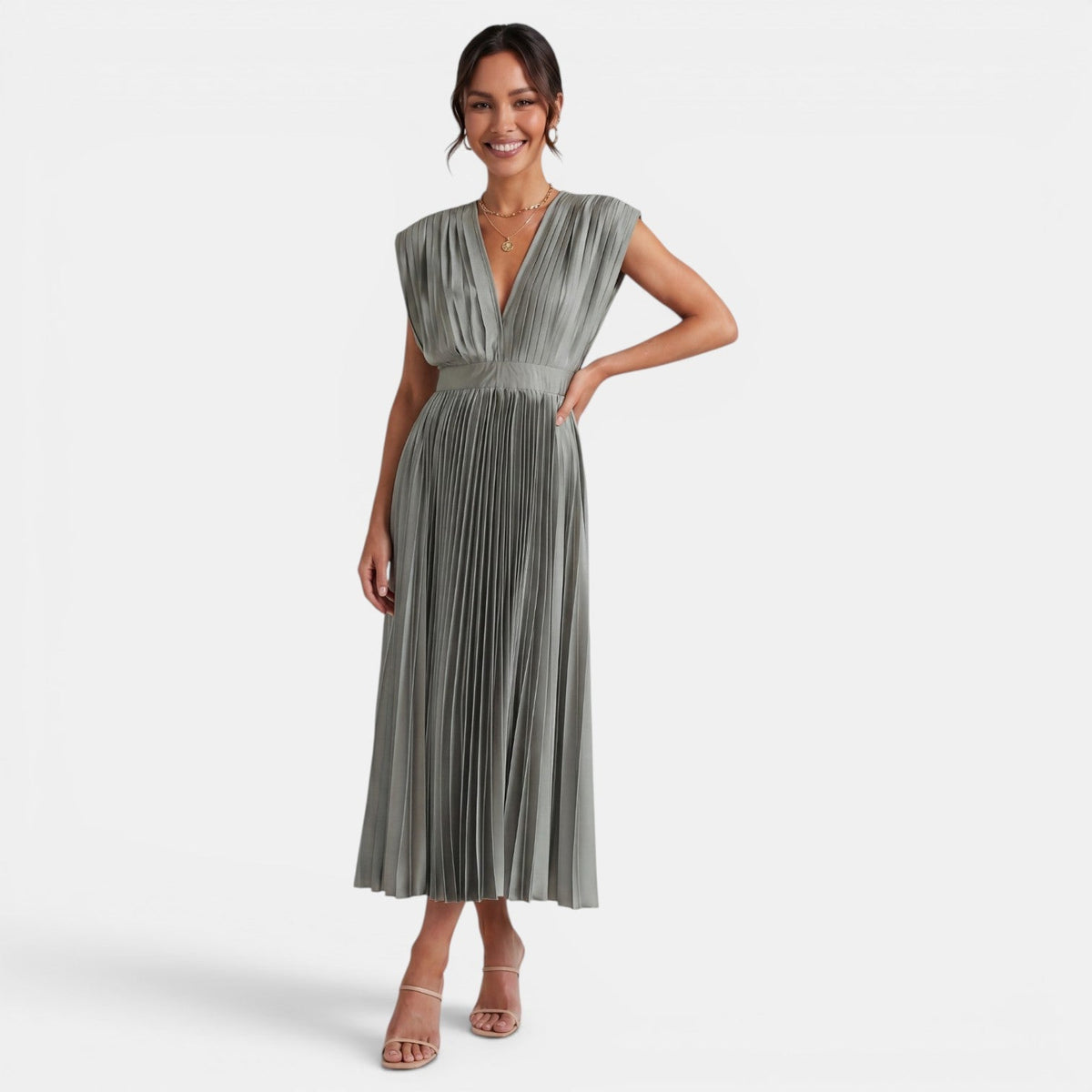 Women's Pleated V-Neck Midi Dress