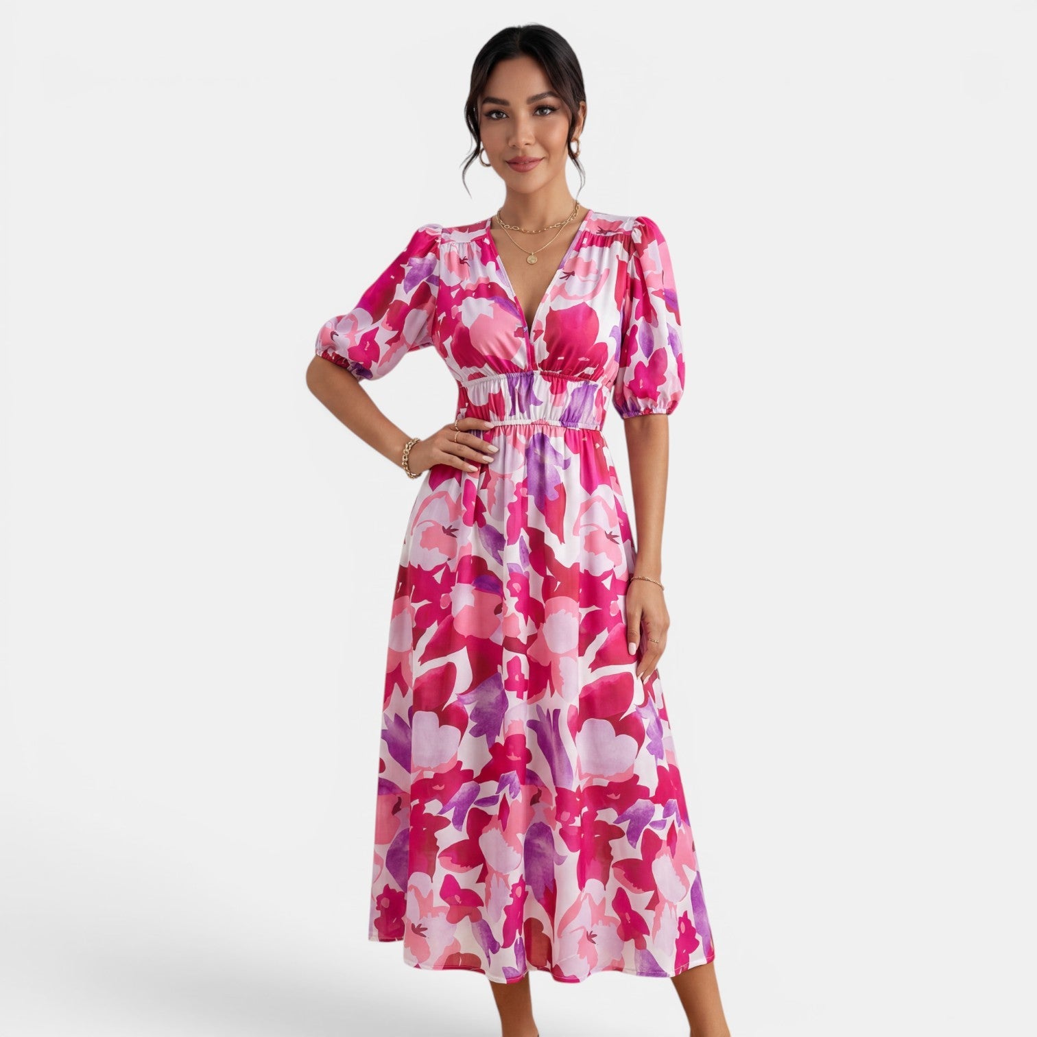 Women's V-Neck Floral Midi Dress