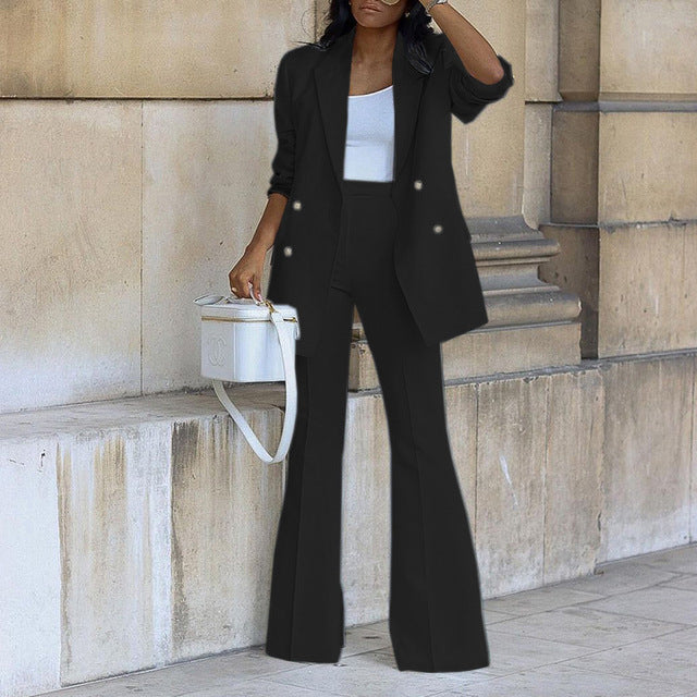 Jiya Women's Ensemble 2 Pieces – Long Buttoned Jacket & Elegant High Waist Flared Pants