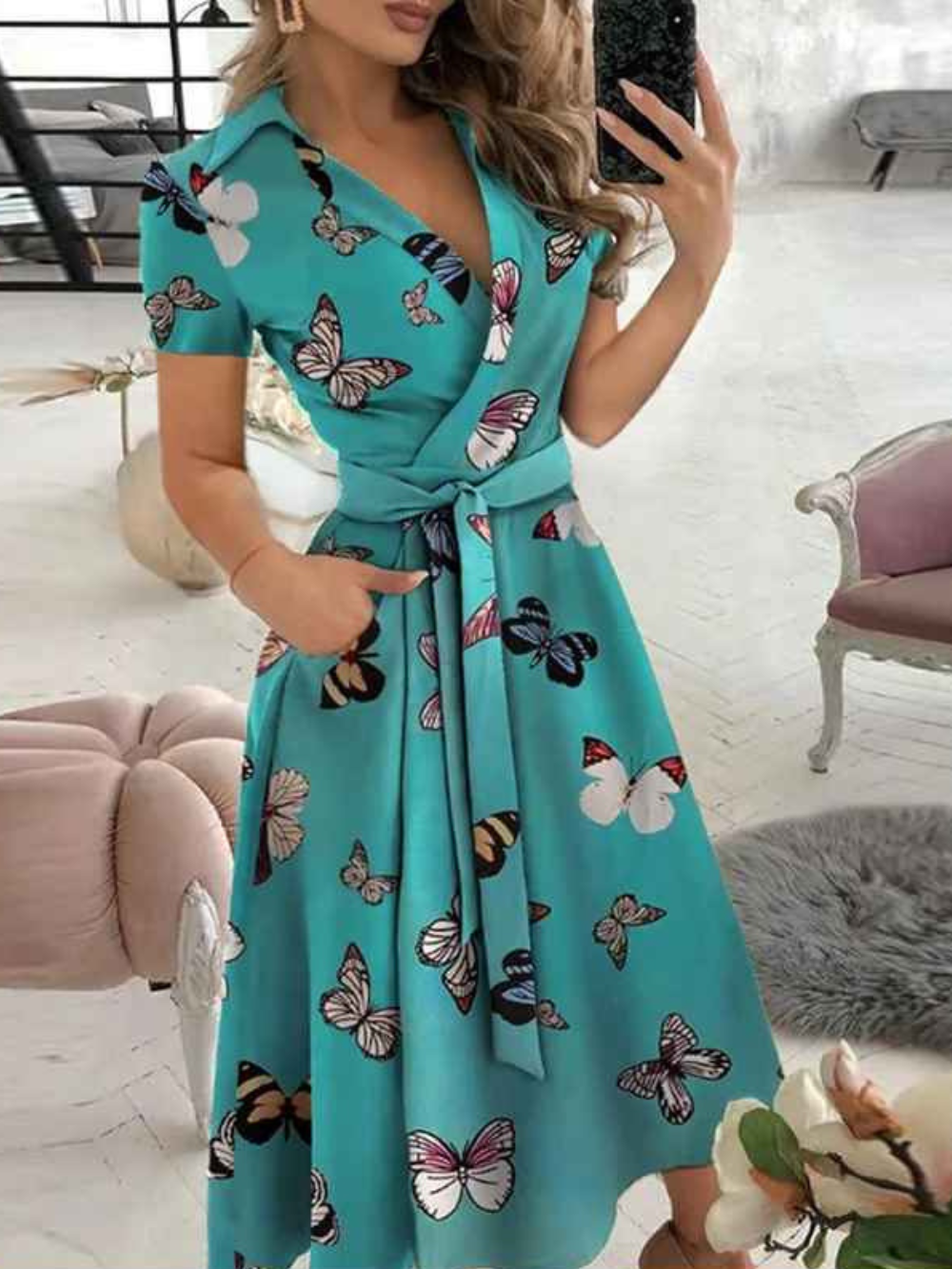 Lucia Robe Femme – Dress with Geometric Print with Waist Belt and Airy Cut for Every Moment
