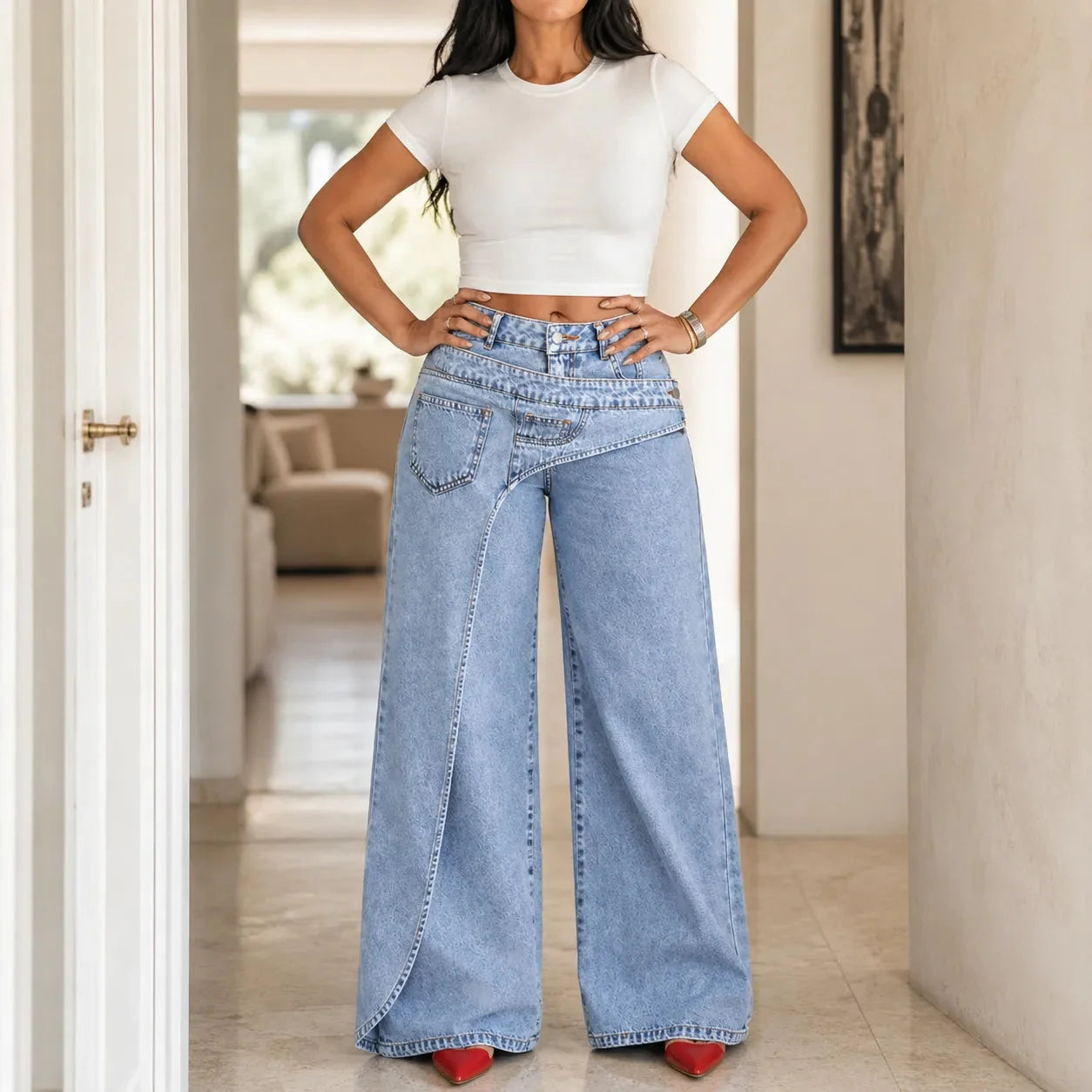 Vellara – Asymmetric Wrap Waist Wide Leg Jeans