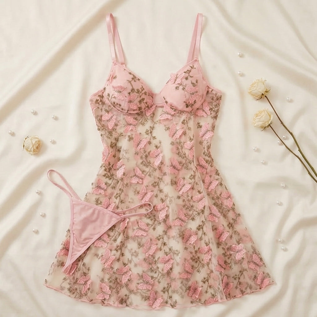 Papielle – Butterfly Embroidery Mesh Nightdress Set