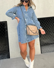Namy Jean Dress Women – Shirt Dress with Collar, 3/4 Sleeves and Flared Cut