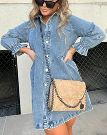 Namy Jean Dress Women – Shirt Dress with Collar, 3/4 Sleeves and Flared Cut