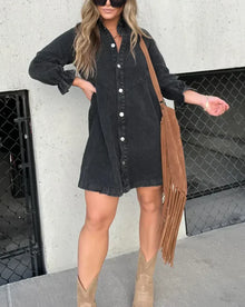 Namy Jean Dress Women – Shirt Dress with Collar, 3/4 Sleeves and Flared Cut