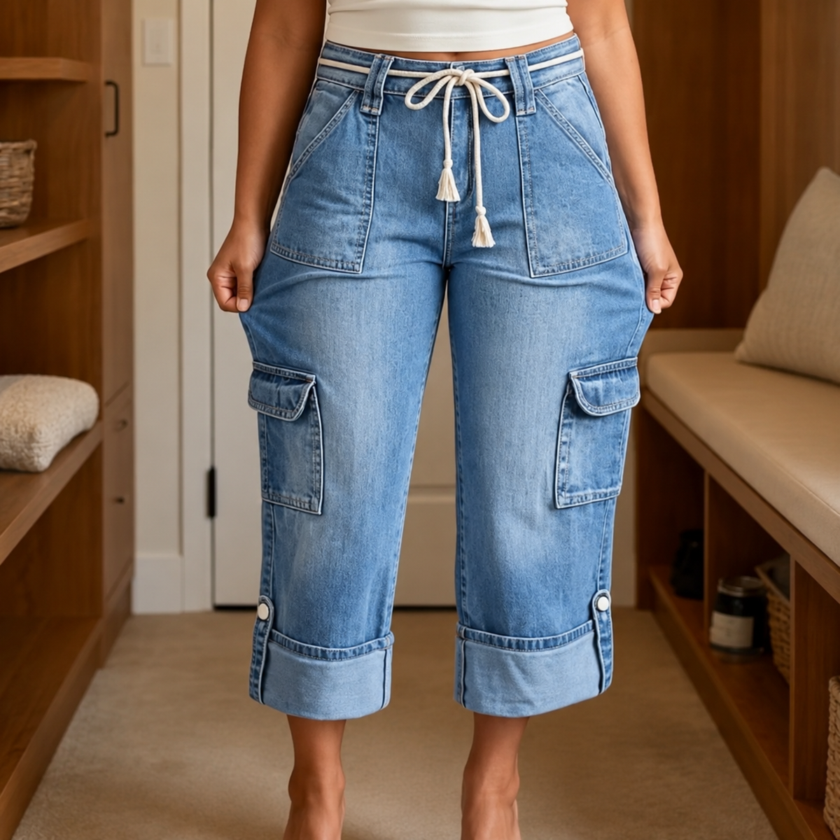 Marielle – Wide Leg Cropped Cargo Jeans with Rope Tie Waist