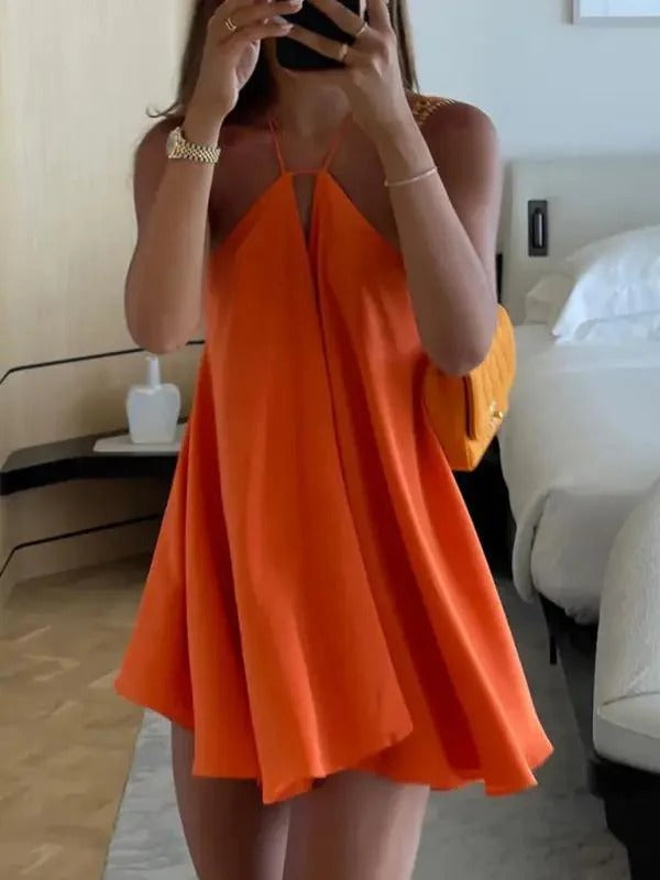 Rose Short Dress Women – Sleeveless A-Line Dress with Open Back & Deep V Neckline