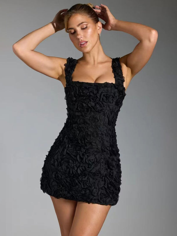 Anne Short Dress Woman – Fitted Silhouette, Square Neck & Elegant 3D Floral Appliqués