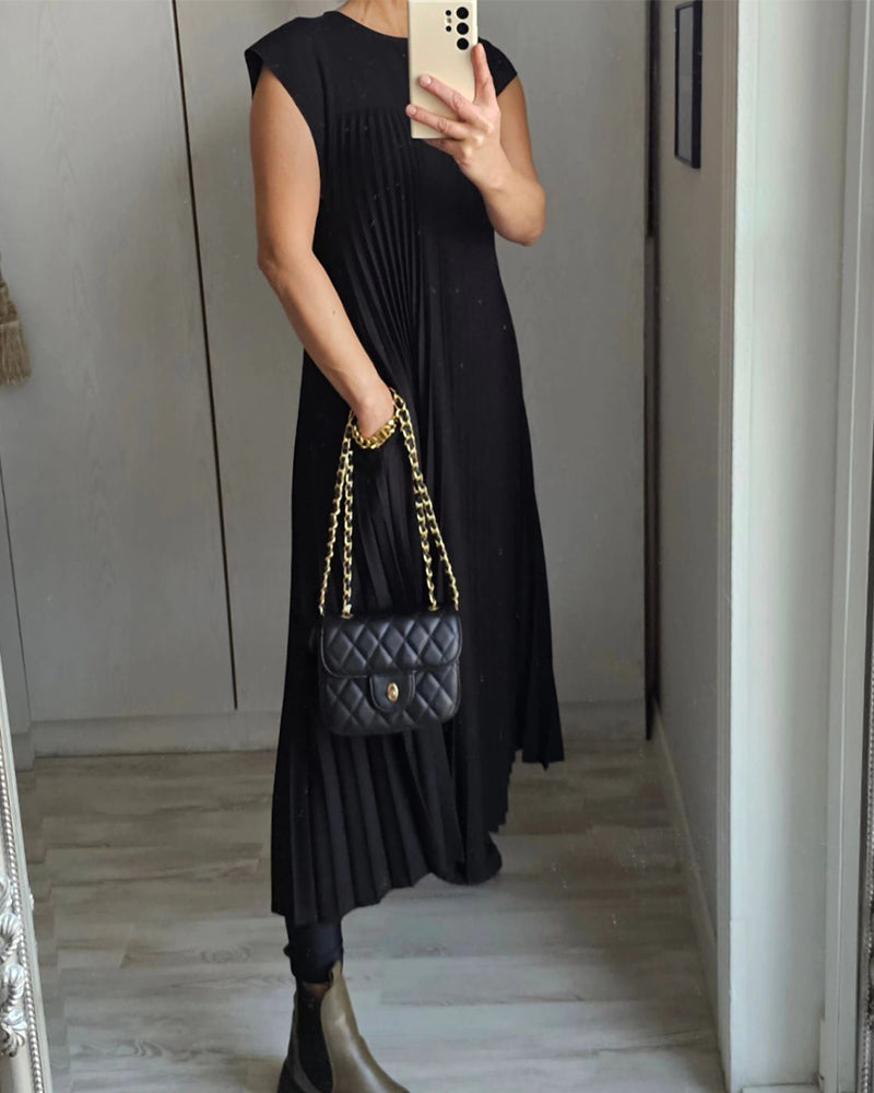 Mariana Robe Midi Femme – Elegant Sleeveless Pleated Dress for Daily & Special Occasions