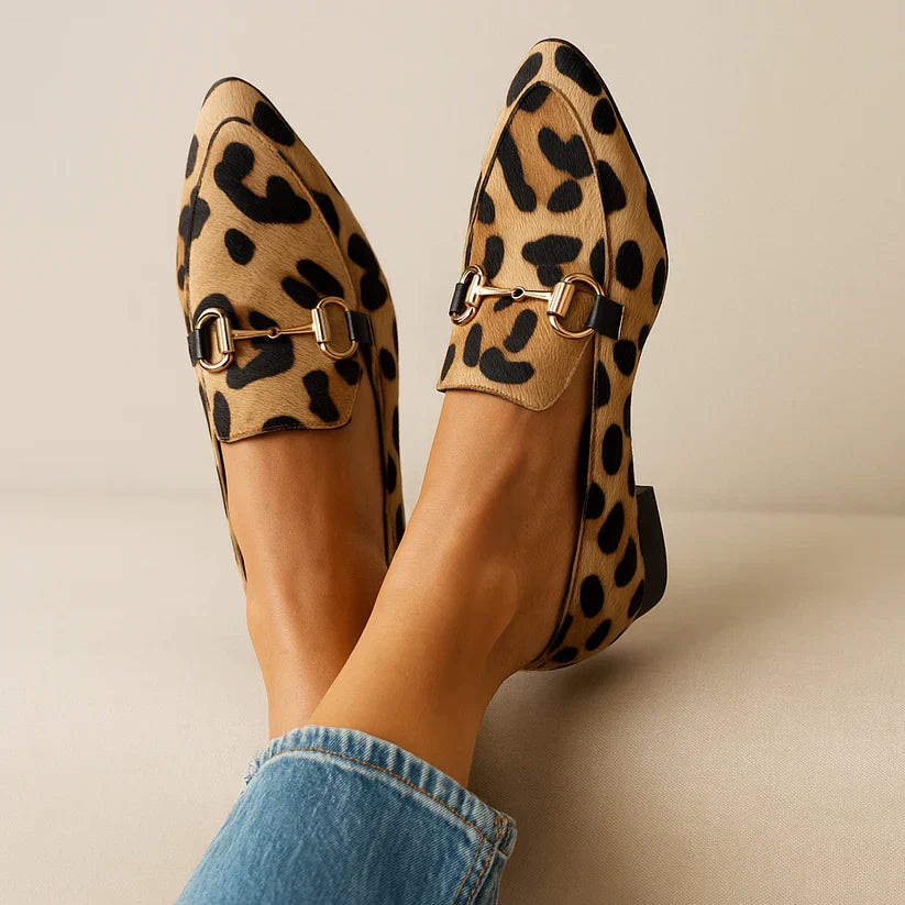 Eleanor Moccasins Woman – Slip-On Shoes Leopard Print with Golden Buckle & Light Comfort