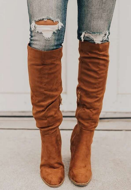 Zuri Suede High Boots Women – Elegant Thigh-High Boots with Block Heel & Comfortable Lining