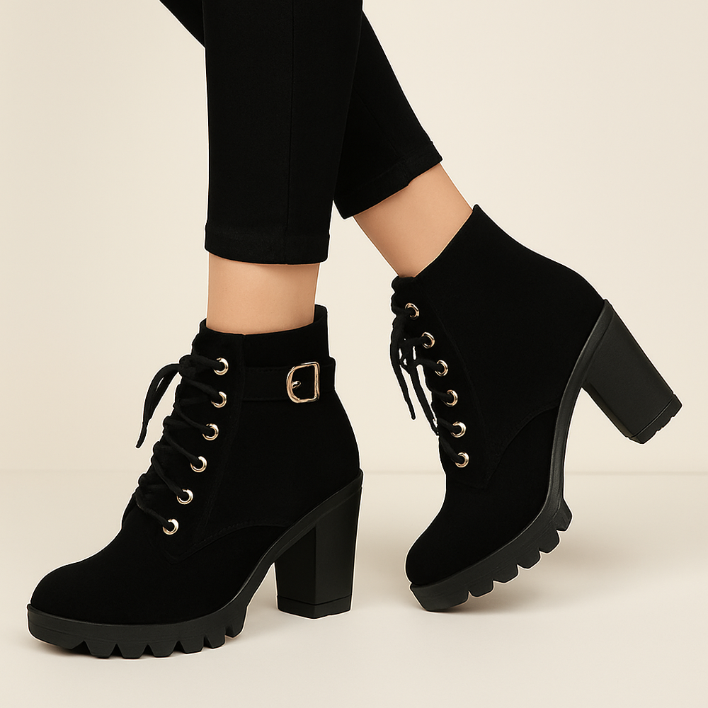 Lusha Women's Ankle Boots – Modern Martin Boots with Thick Heel and Metallic Details