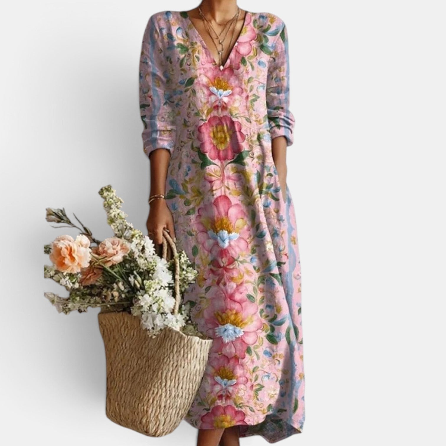 Women's Boho Floral Linen Midi Dress