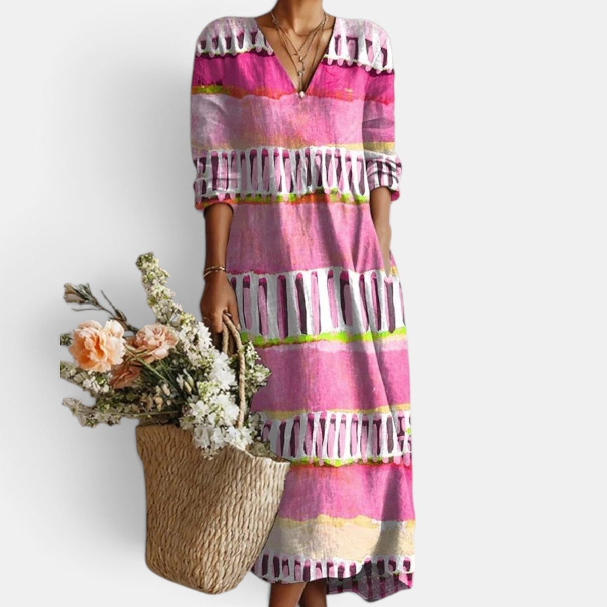Women's Boho Floral Linen Midi Dress