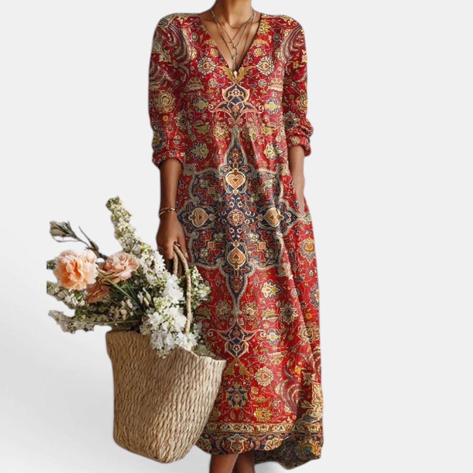 Women's Boho Floral Linen Midi Dress