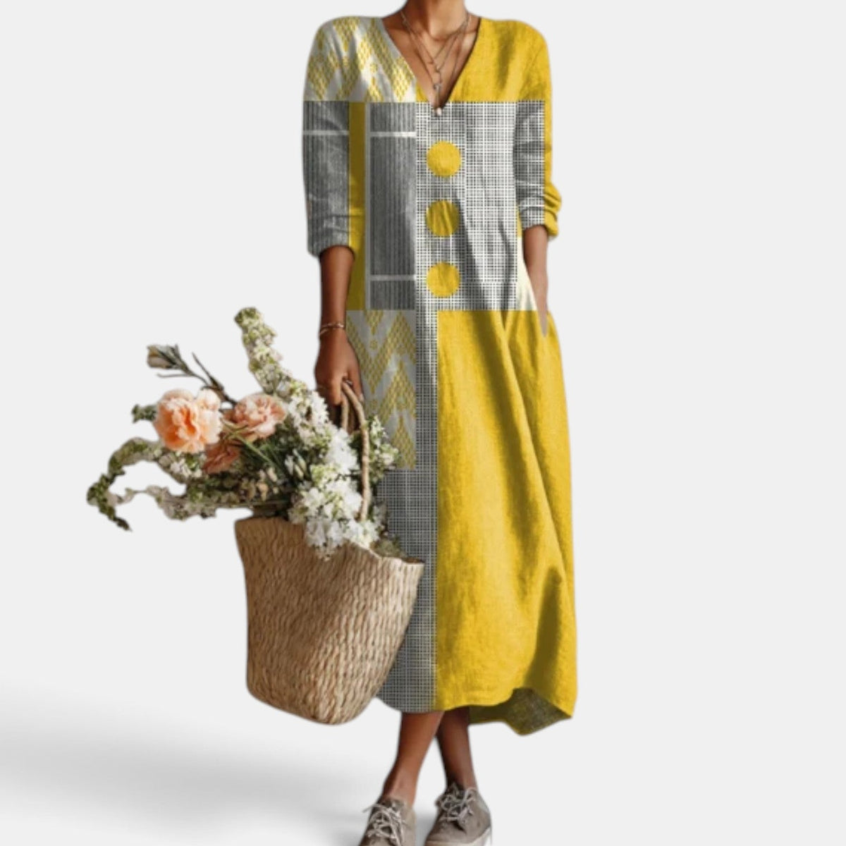 Women's Boho Floral Linen Midi Dress