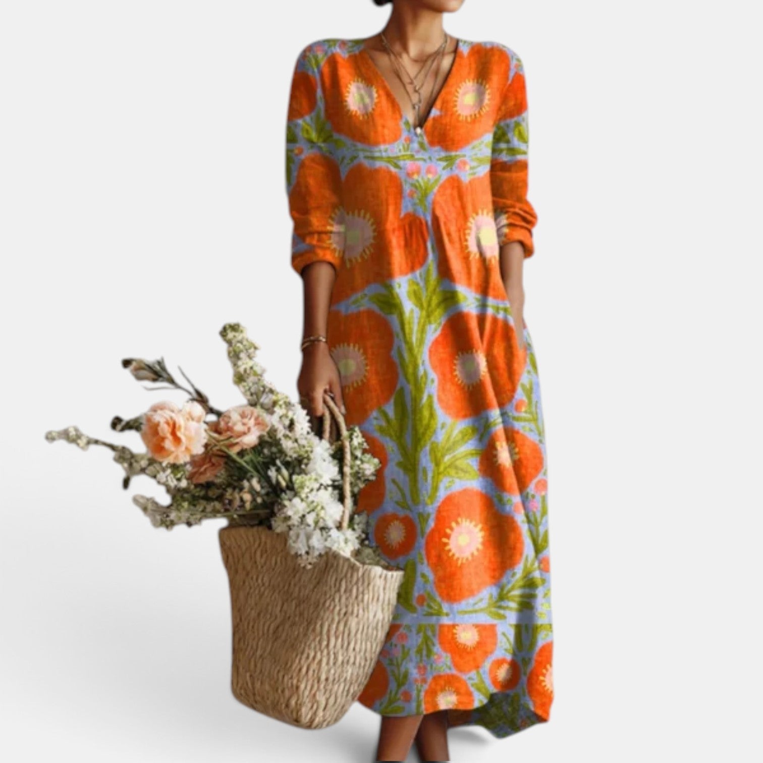 Women's Boho Floral Linen Midi Dress