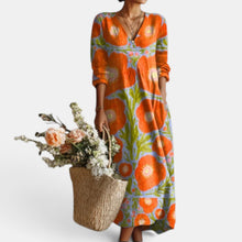 Women's Boho Floral Linen Midi Dress