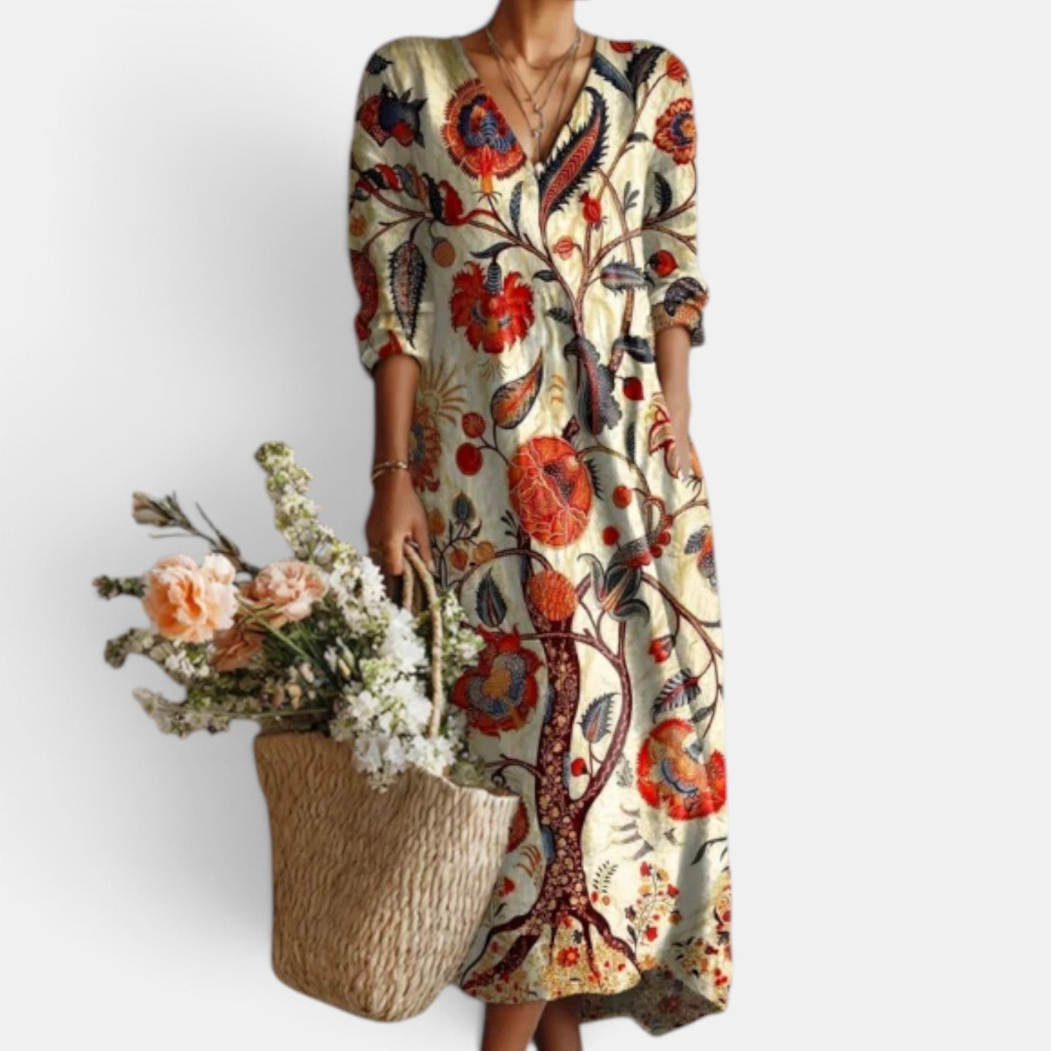 Women's Boho Floral Linen Midi Dress