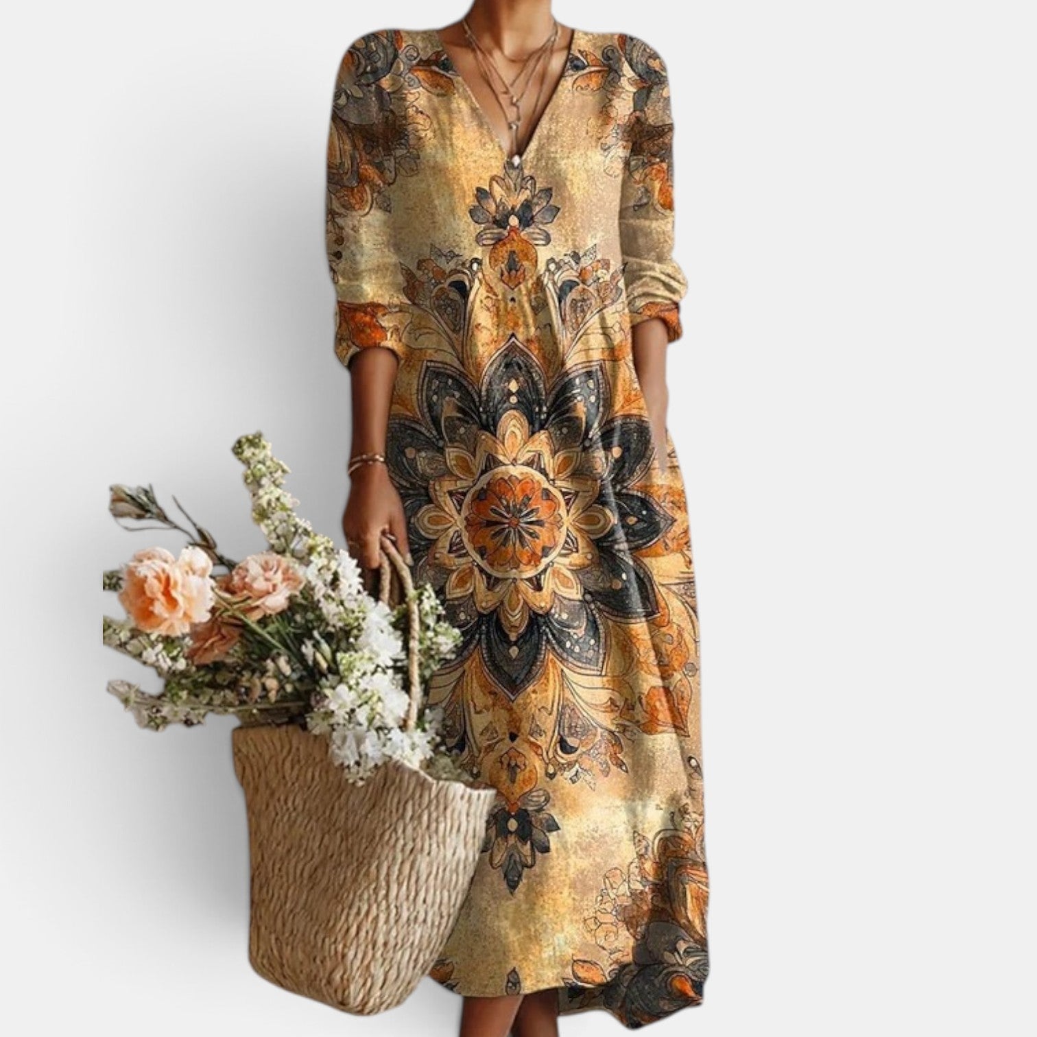 Women's Boho Floral Linen Midi Dress