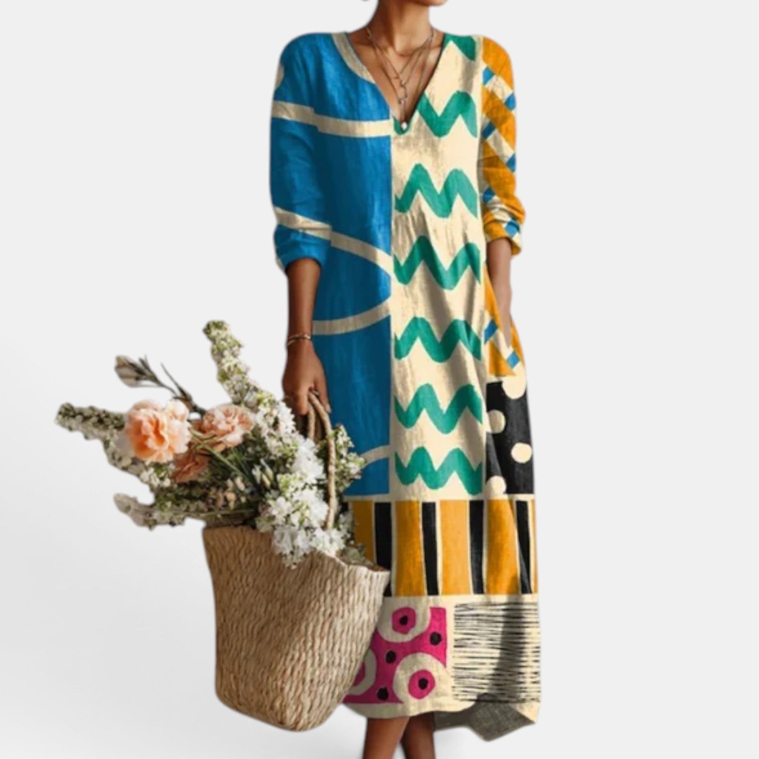 Women's Boho Floral Linen Midi Dress